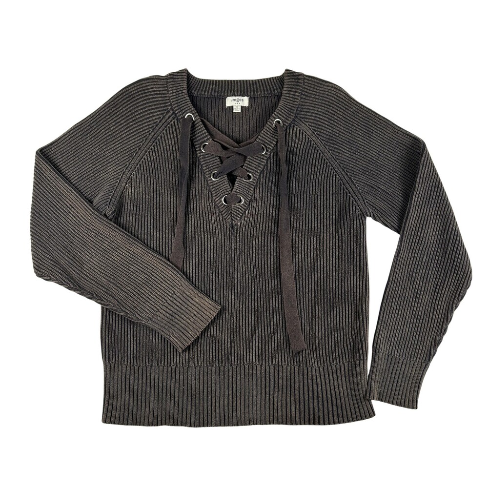 Umgee Sweater Womens Small Brown Lace Up V Neck Ribbed Knit Pullover Cotton